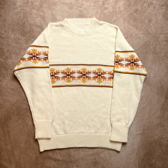 Vintage 70s Snowflake Fair Isles Stripe Sweater Orange Cream Knit Long Sleeve - Picture 1 of 5